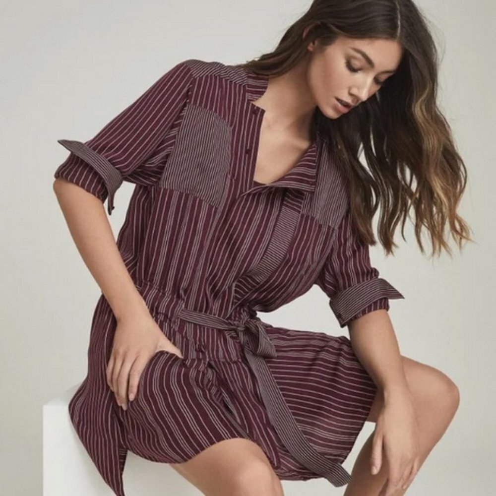 Reiss Berry/Ivory Albi Drop Waist Belted Long Sleeve Shirtdress